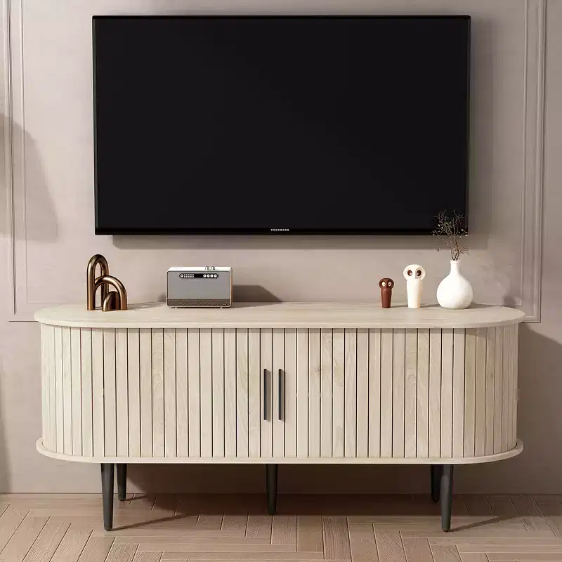 Mid-Century Modern Wooden TV Stand with Sliding Door