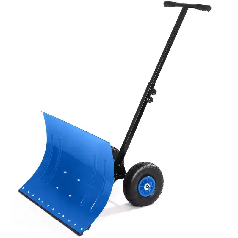 Blue/Red/Yellow Wheeled Snow Pusher Shovel, Adjustable Angle & Height, Single User