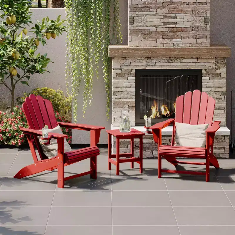 WestinTrends Highland 3-Piece Outdoor Patio HDPE Adirondack Chair With Cup Holder and Table Set, Red