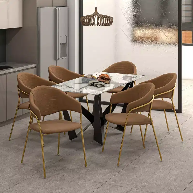 Dining Chair Upholstered in Leather & Velvet, Ergonomic Padded Seat & Back, Stainless Steel Base Accent Armchair