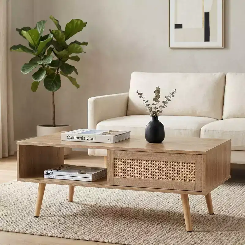 Fun little toys brand 41.34 Rattan Coffee table, sliding door for storage, solid wood legs, Modern table for living room , natural