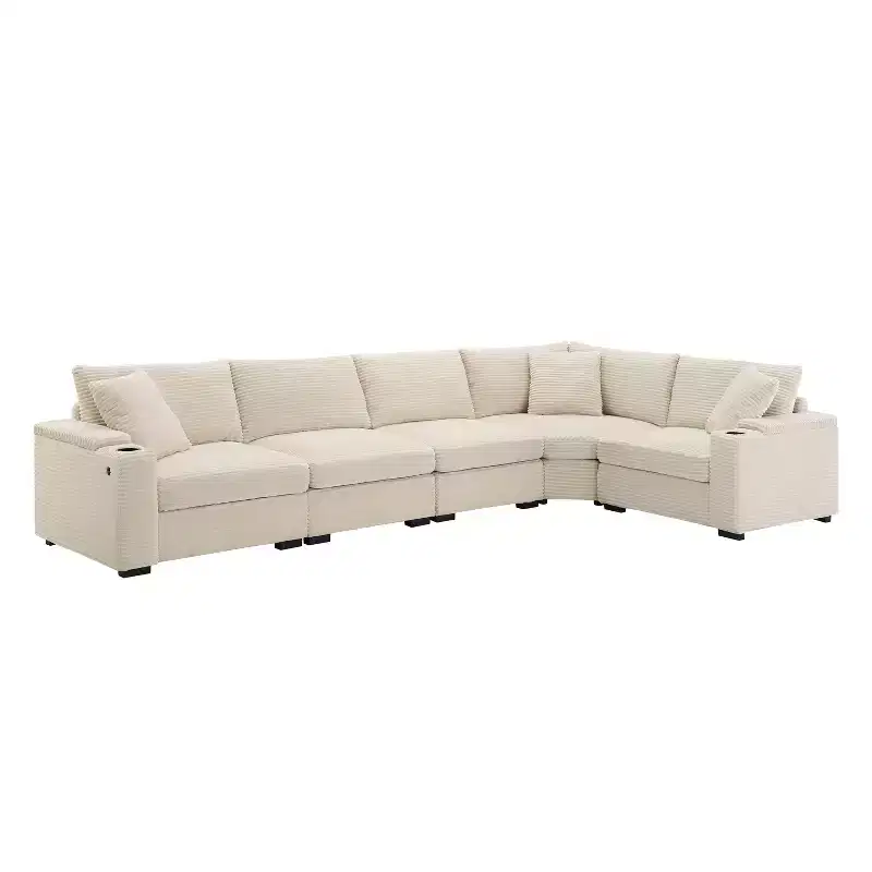 106 Corduroy Convertible L Shaped Corner Sofa/Couch with Armrest Storage,Cup Holders
