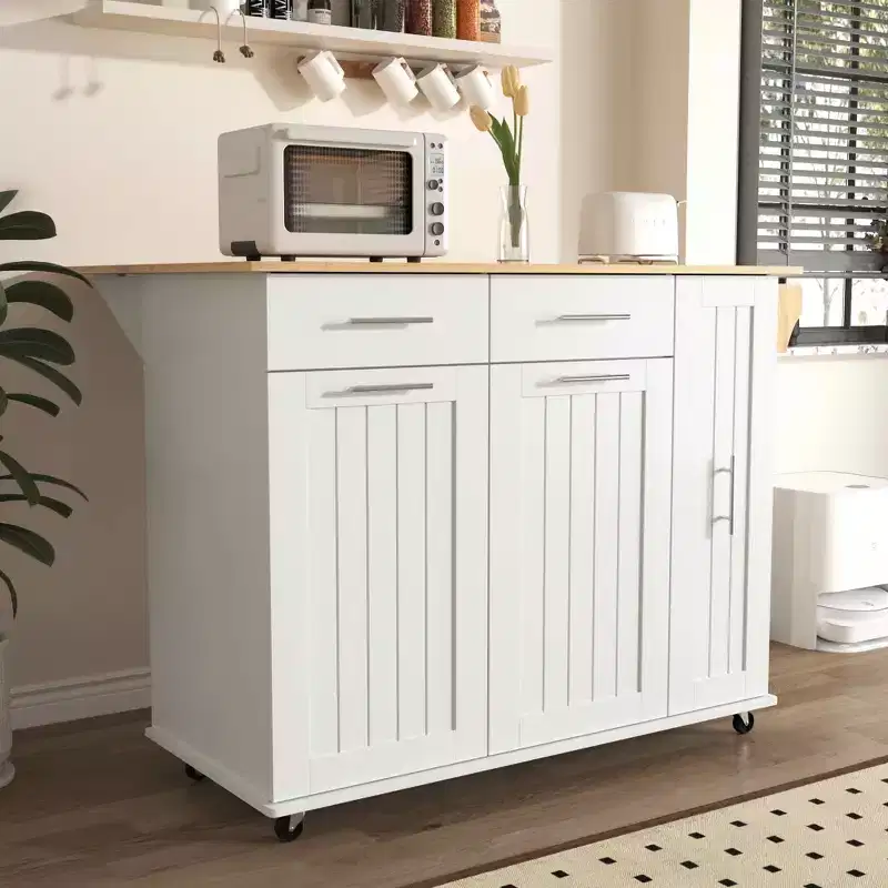 White Kitchen Island with Drop Leaf, 3-Tier Pull-Out Organizer, 2 Drawers & Towel Rack