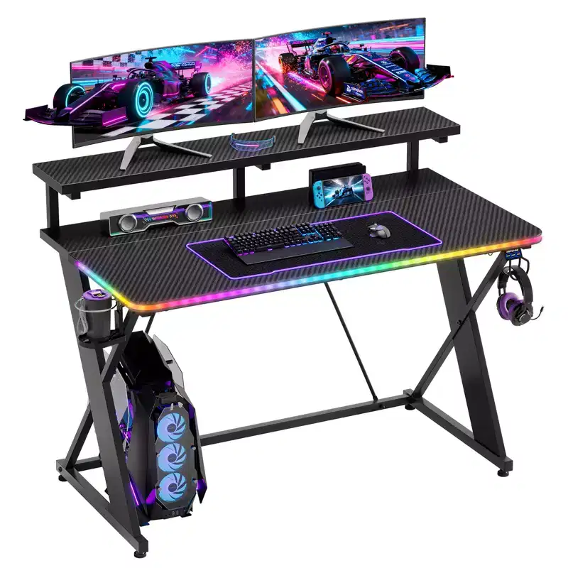 RSPGAME Basic 43 Music Sync Lighting Gaming Desk, X-Shape Ergonomic Monitor Stand Gamer Table, PC Desk with Cup Holder and Headset Hanger