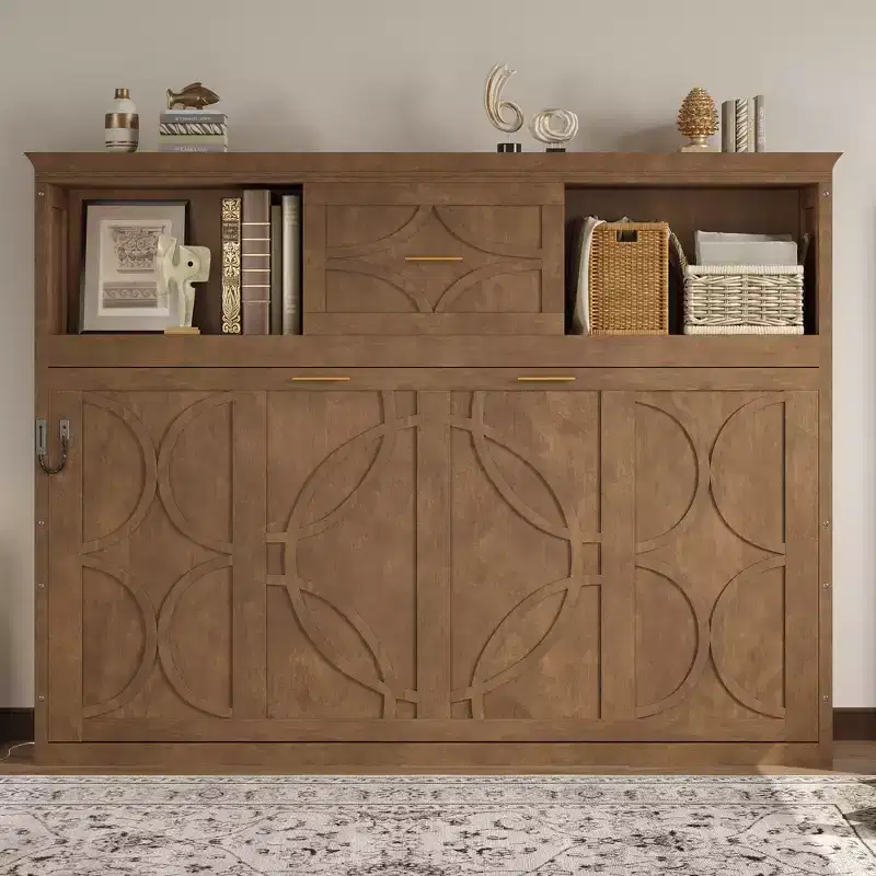 Twin Size Murphy Bed with Charging Station, Storage Drawer & Cabinet, Pine Wood
