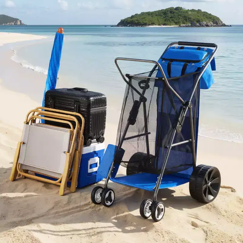Beach Cart with Large Wheels for Sand 165 lbs Load Capacity Heavy Duty Folding Beach Wagon Blue+Gray