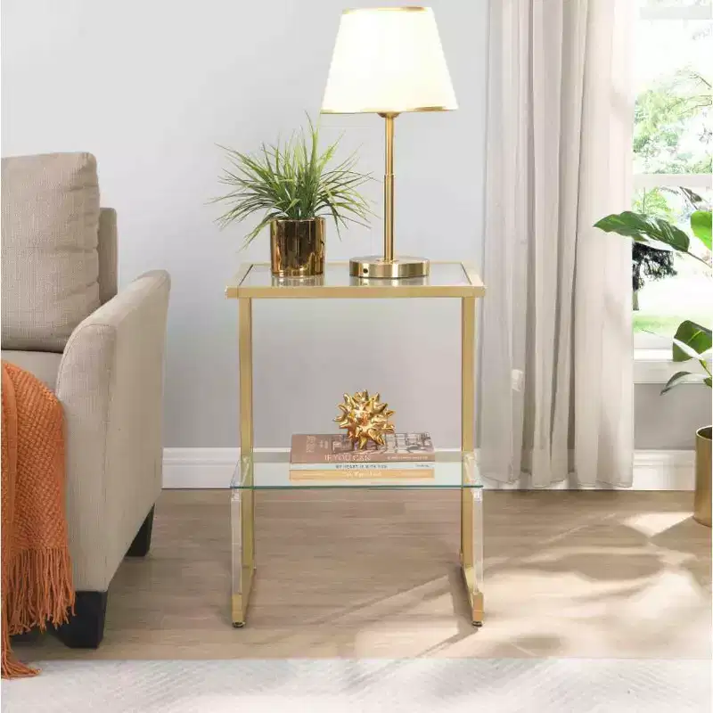 2-Tier Iron & Acrylic Glass Side Table, Golden End Table for Living Room & Bedroom, Gold