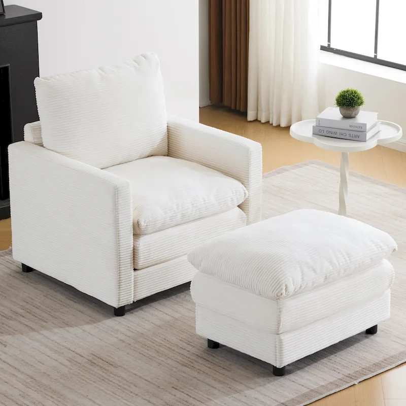 Oversized Corduroy Armchair with Ottoman – Cozy Living Room Chair