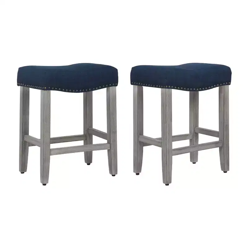 WestinTrends 24 Upholstered Saddle Seat Counter Stool (Set of 2), Antique Gray/Navy Blue