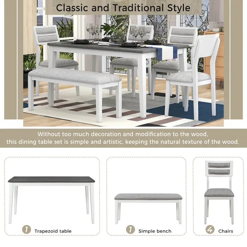 6-Piece Wooden Dining Table Set with 4 Chairs & Bench
