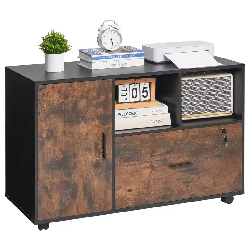 Mobile Wood File Cabinet with Open Shelves Locking Drawer Rolling Printer Stand Rustic Brown