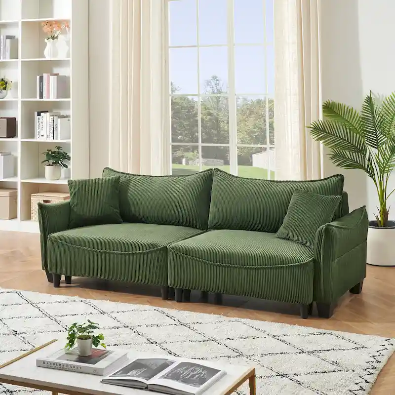 White / Grey / Green Corduroy 2-Seat Sofa Bed with 2 Pillows