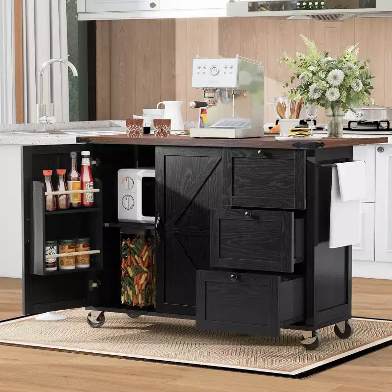 Whisen Farmhouse Style Kitchen Cart Island with Drop Leaf and Locking Wheels