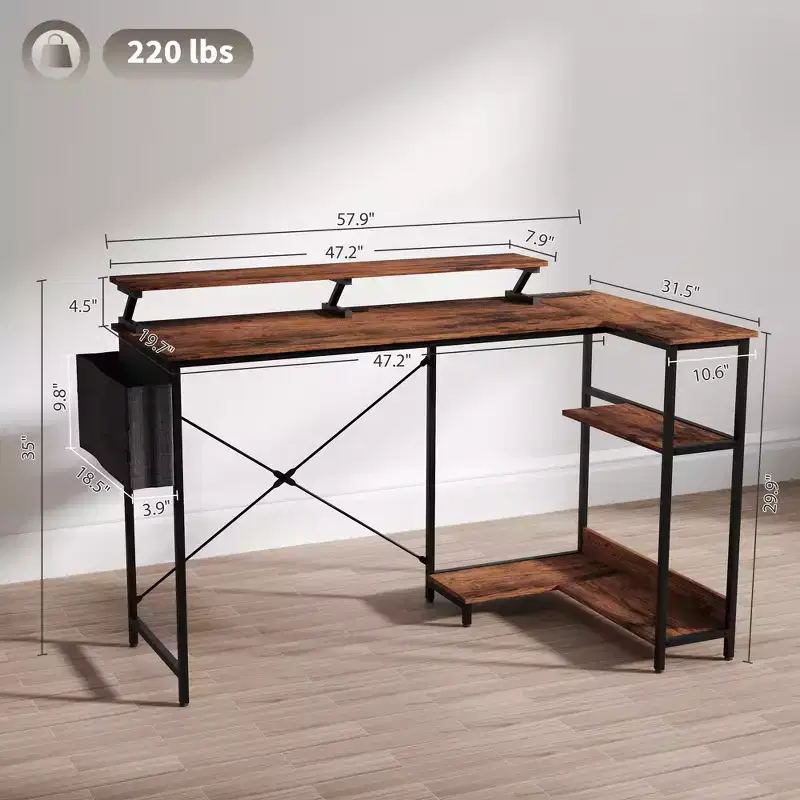 L Shaped Computer Desk with Charging Station and RGB Lights Reversible Home Office Desk