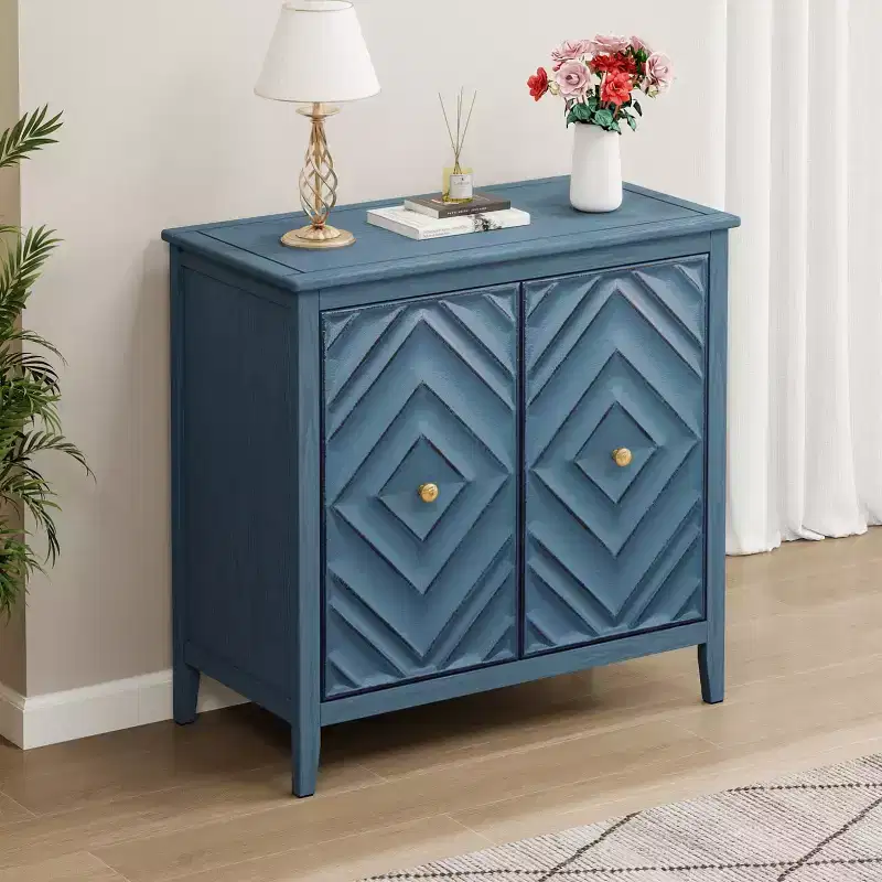 Modern Wooden Geometric Embossed Storage Cabinet with 2 Magnetic Doors