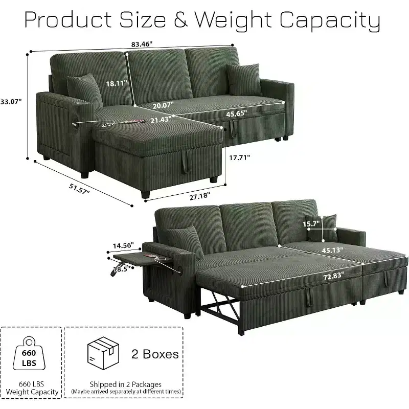 MooxvMoo 83 Convertible Sofa Bed Couch with Storage & USB Port, 4 in 1 L Shaped Sofa with Pull Out Couch Bed, Side Table, Cup Holder,Green