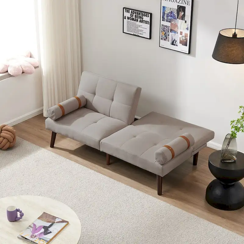 Convertible Sofa Bed Futon with Solid Wood Legs Linen Fabric Musterd Green