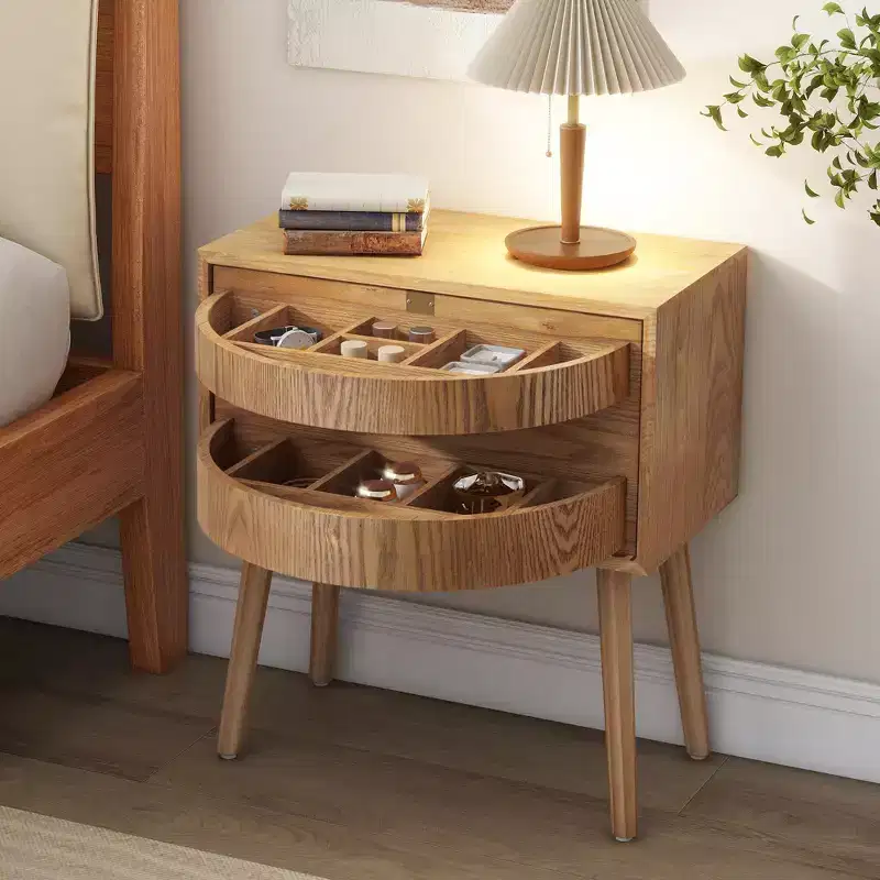 22-inch Swivel Hidden Storage Bedside Table Mid-Century Modern Rattan Wood Leg Side Table Suitable for Bedrooms Natural Finish