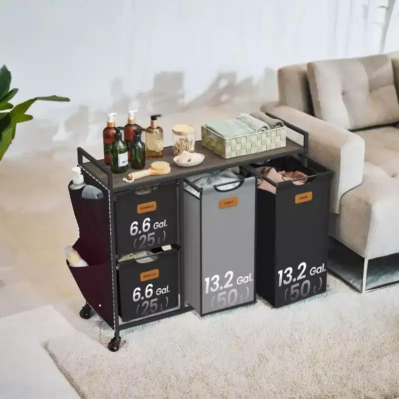LEDREM Chestnut Brown, Ink Black and Dove Gray 39.6 Gal. (150 L) 4 - Compartment Laundry Hamper. A rolling laundry cart with shelves and 6 labels.