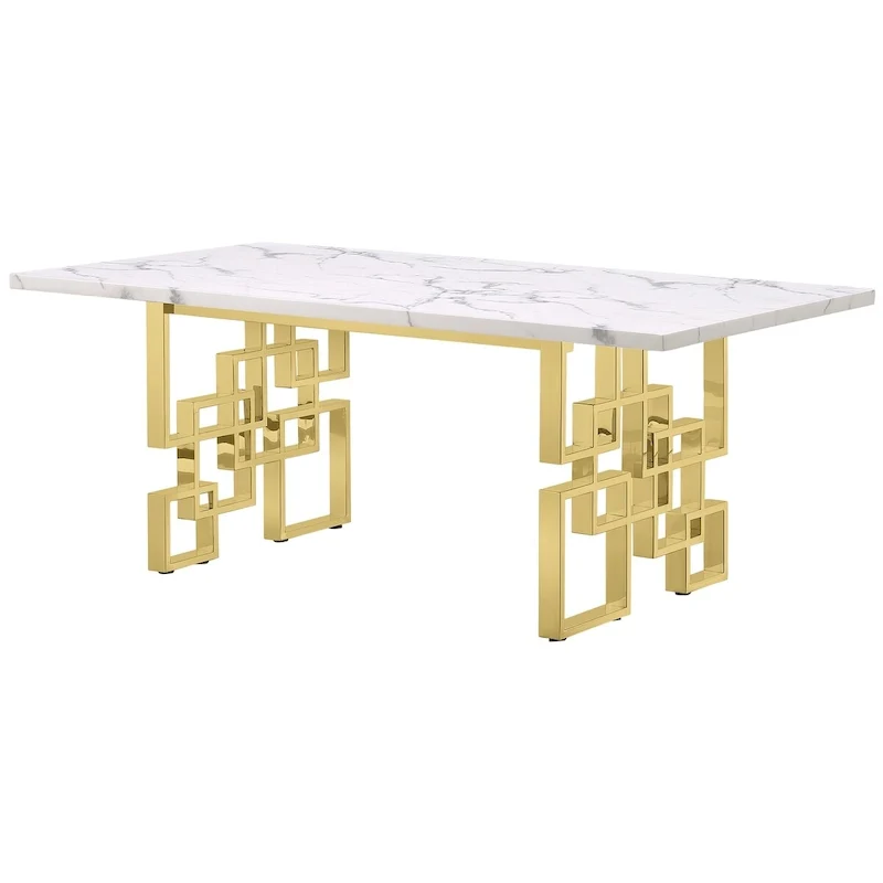 Luxury White Faux Marble Dining Table with 78 Inch Top and Metal Base