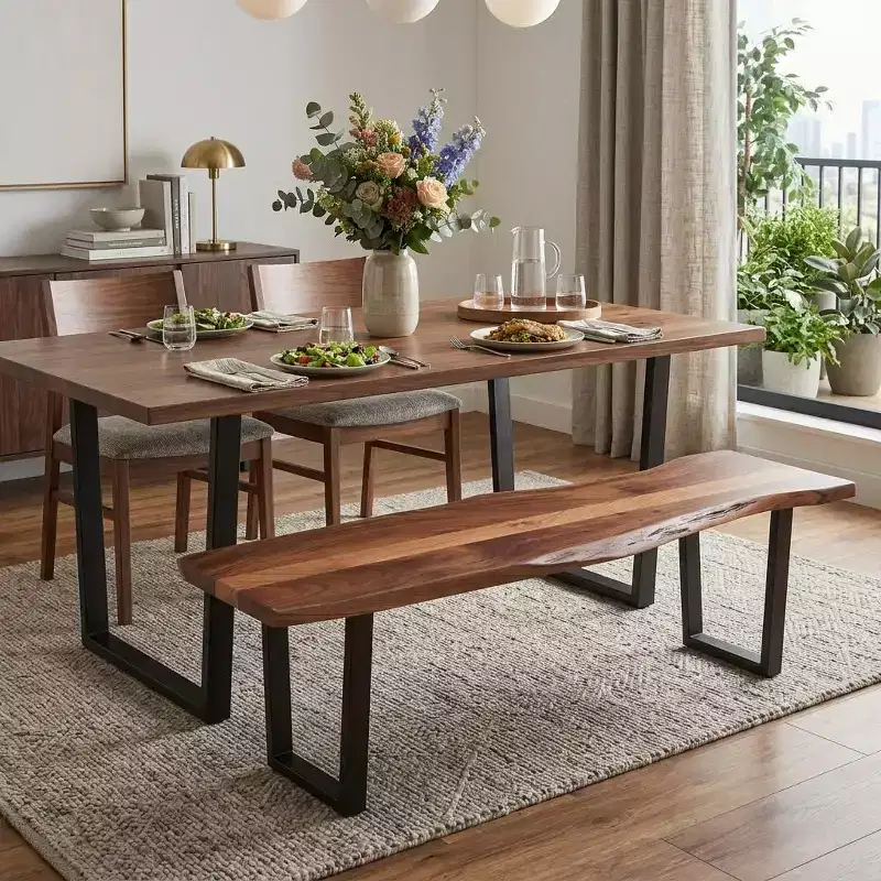 66 Brown And Black Solid Wood Dining bench