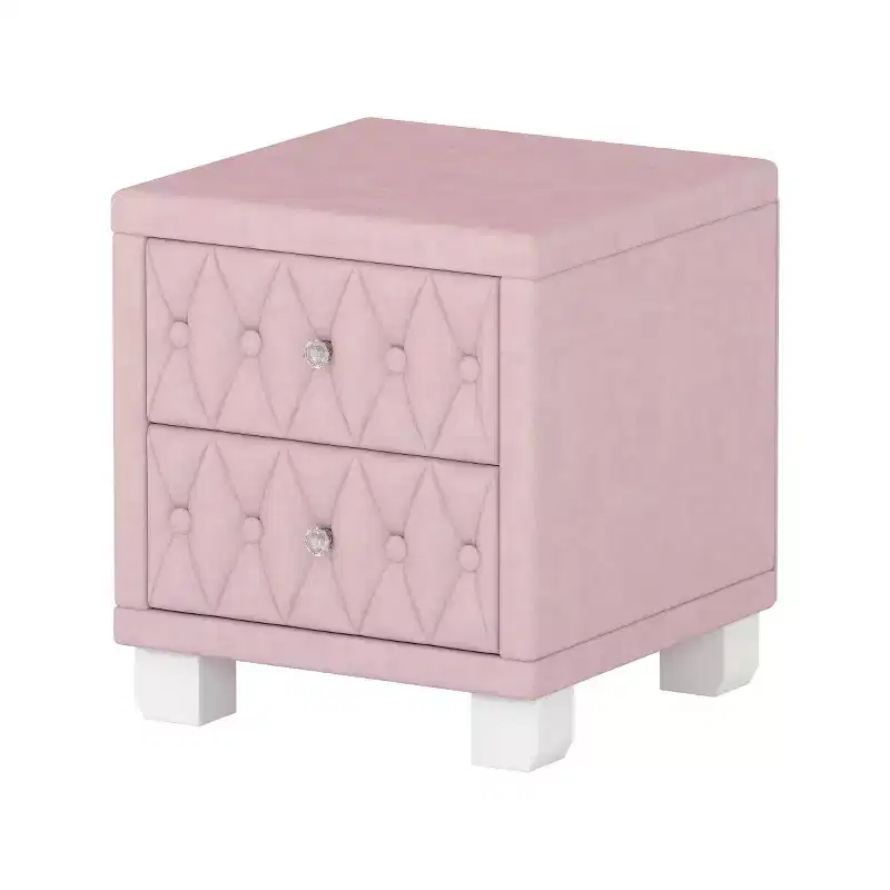 Elegant Velvet Nightstand with 2 Drawers, Button-Tufted Bedside Table with Crystal Handles for Bedroom or Living Room