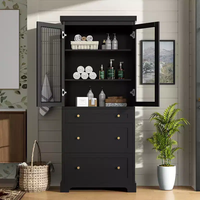 Bathroom Storage Cabinet with Soft-Close Glass Doors, Adjustable Shelves and 3 Drawers