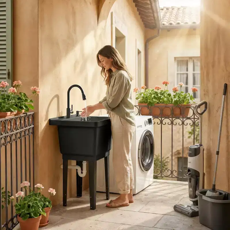 Portable Utility Sink Laundry Tub, Freestanding Laundry Sink with Faucet Soap Dispenser Hoses