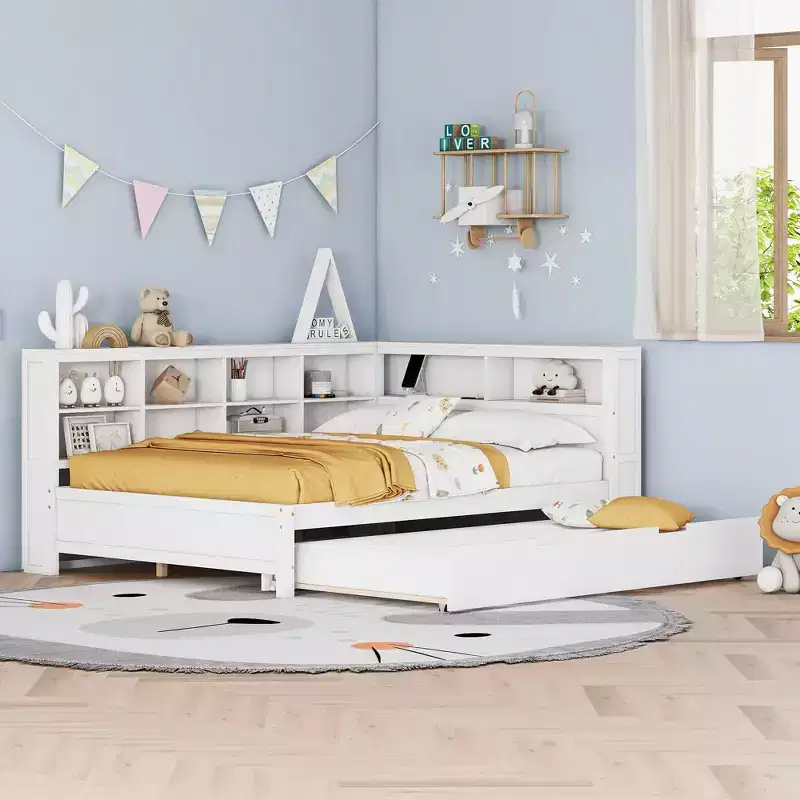MAYEERTY Full Size with Trundle Storage Shelf for Bedroom White