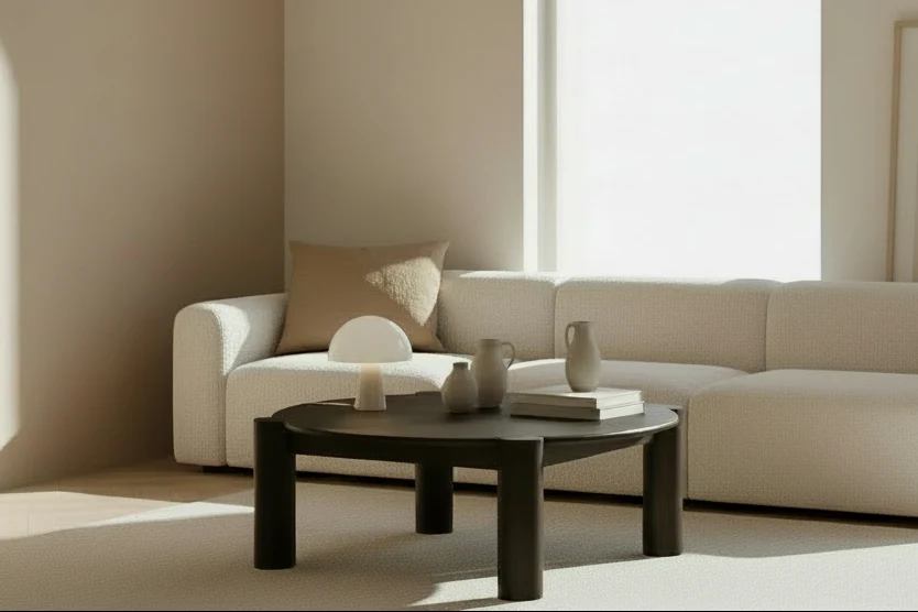 Organic Modern Solid Oak Coffee Table with Bullnose Round Top & Column Legs for Living Room