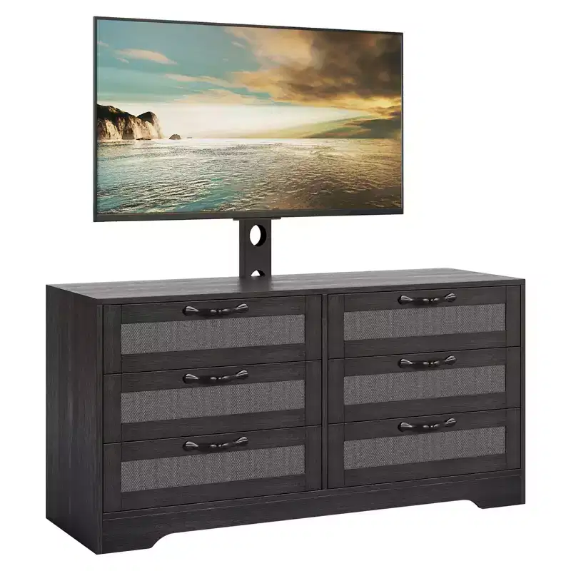 Modern TV Stand with Mount for 32-85 TVs  6-Drawer Rattan Dresser  Media Console with Generous Storage for Living Room or Bedroom