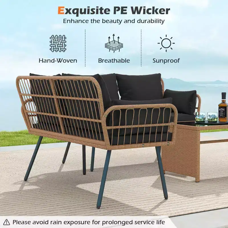 Costway Patio Wicker Loveseat Furniture with Seat Back Cushions, Heavy-Duty Metal Legs Off-White/Black