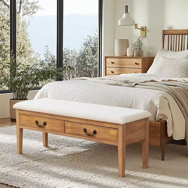 Upholstered Storage Bench with Solid Wood Legs and Hidden Compartments