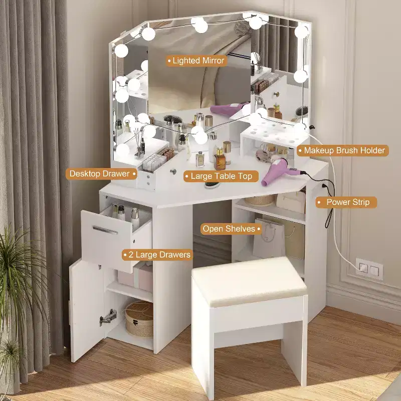 Corner Makeup Vanity Desk w/Mirror & Lights - Vanity Table w/Upholstered Stool, Bedroom Makeup Table w/Storage Shelf, Dressing Table for Women Girls