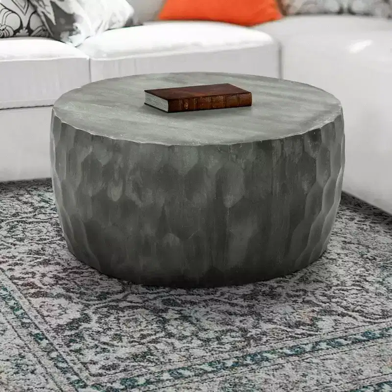 34 Inch Handcrafted Mango Wood Coffee Table, Hammered Round Drum Shape, Honeycomb