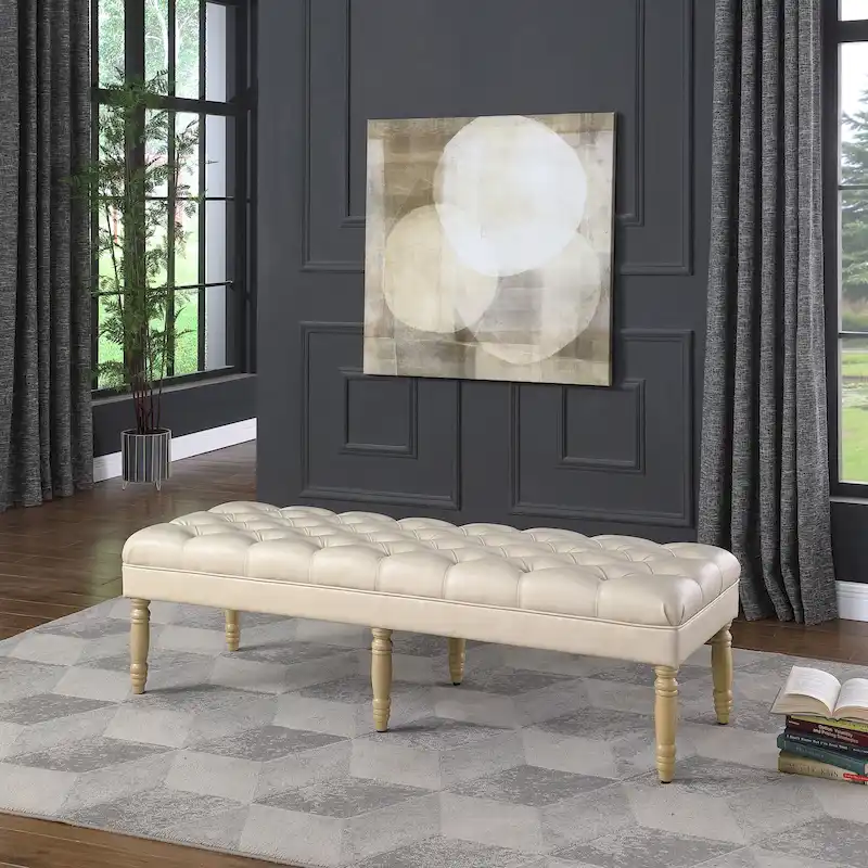 Classic Tufted Top Long Bench | Faux Leather Upholstery | Entryway or Bedroom