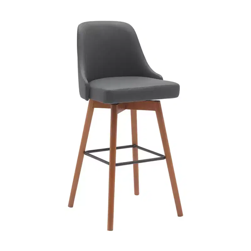 HomeRoots 30 Gray and Wood Brown Faux Leather with Solid Wood Swivel Bar Height Bar Chair