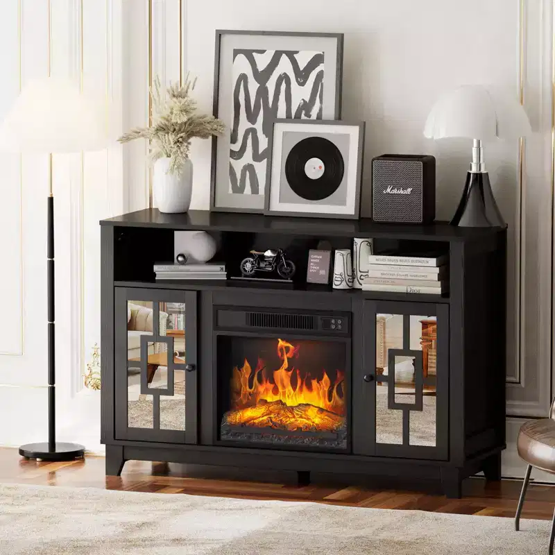 Fireplace TV Stand for 60 Inch TV, Modern Entertainment Center with Glass Door Storage Cabinet