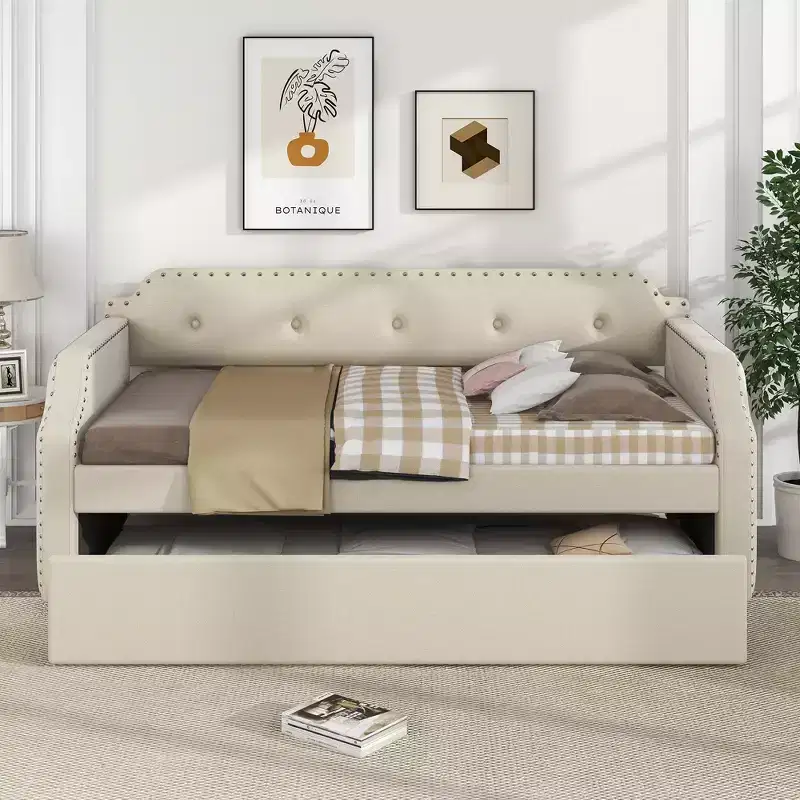 Twin Size Upholstered Daybed with Trundle and Button Tufted Backrest, Linen Sofa Bed with Nailhead Trim