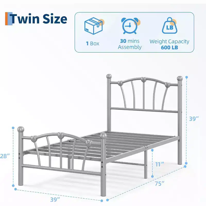 Twin Size Metal Platform Bed Frame with Heart Design Headboard, Heavy Duty Noise-Free Frame for Kids Teens, No Box Spring Needed
