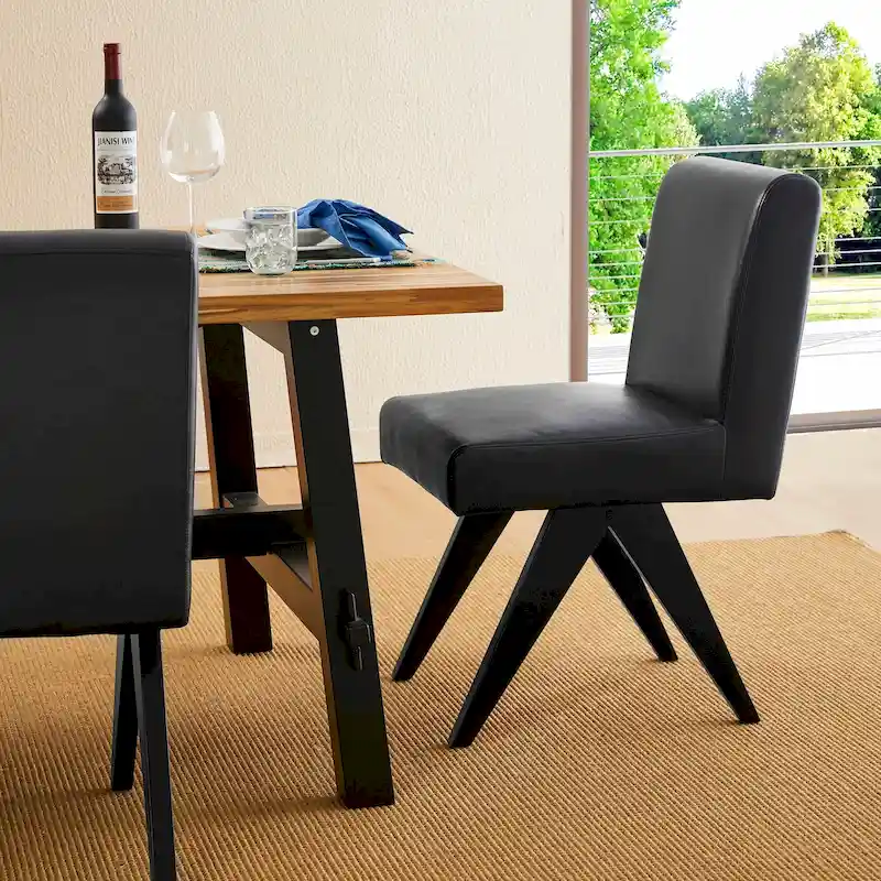 Faux Leather Upholstered Dining Chairs with V-Shaped Wood Legs