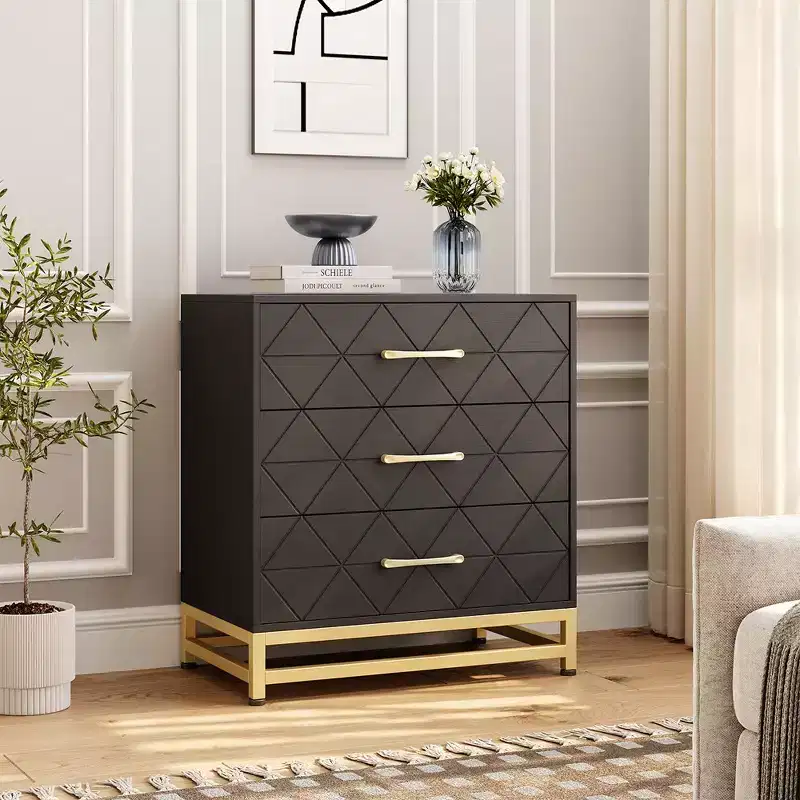 3-Drawer Wood Dresser with Gold Handles – Modern Bedside Nightstand
