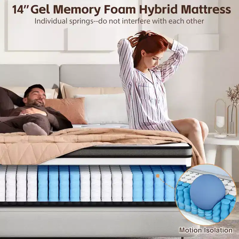 14 King Mattress in a Box, Hybrid Memory Foam Bed  Medium Firm Feel, Cooling & Breathable Fabric, Motion Isolation, Zoned Pressure Relief