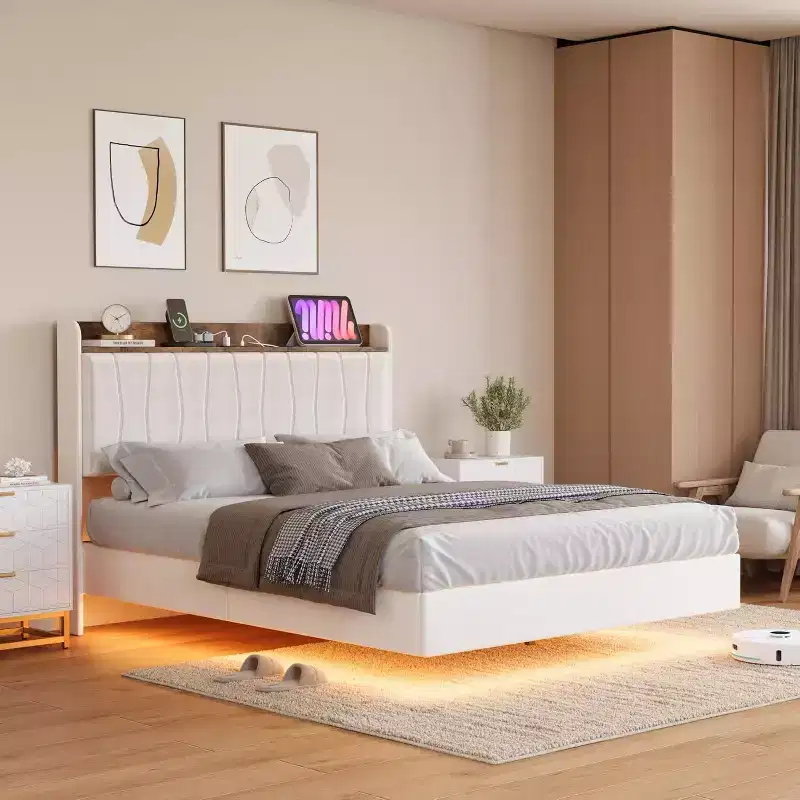 Bed Frame, Floating Platform Bed with Headboard, Charging Ports, Modern Upholstered Bedframe with Sturdy Wood Slats, No Box Spring Needed