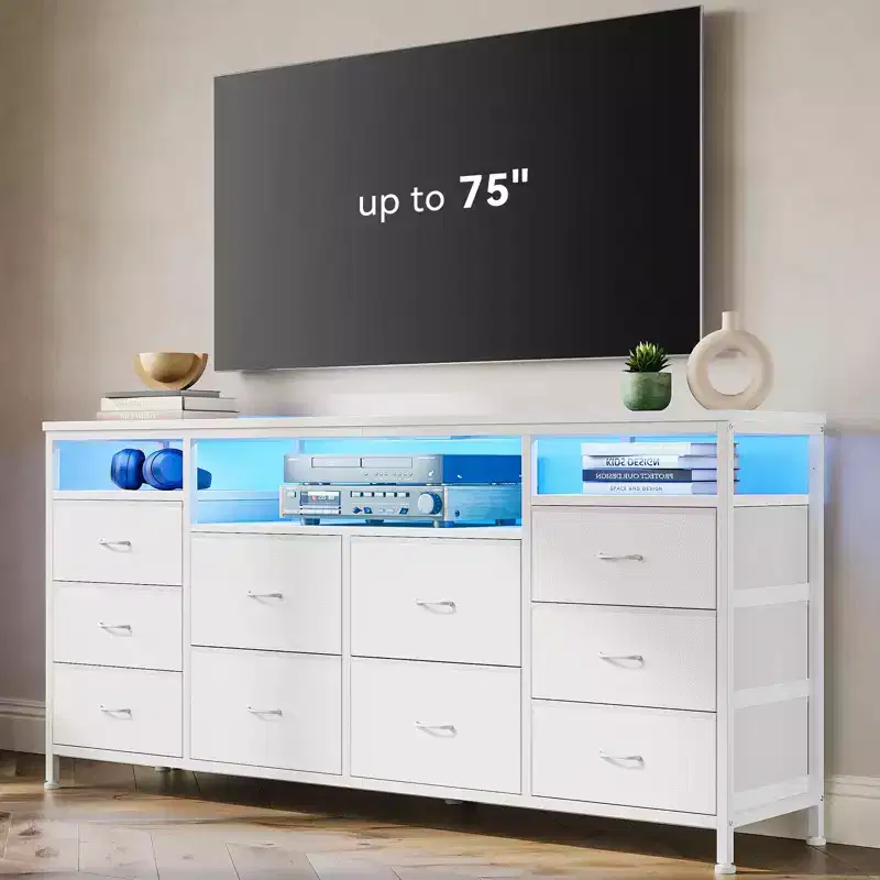 63.3 Inch Black Dresser for Bedroom, 10 Drawer Dresser TV Stand for 65 70 75 Inch TV, Fabric Chest of Drawers with LED Lights & Power Outlets