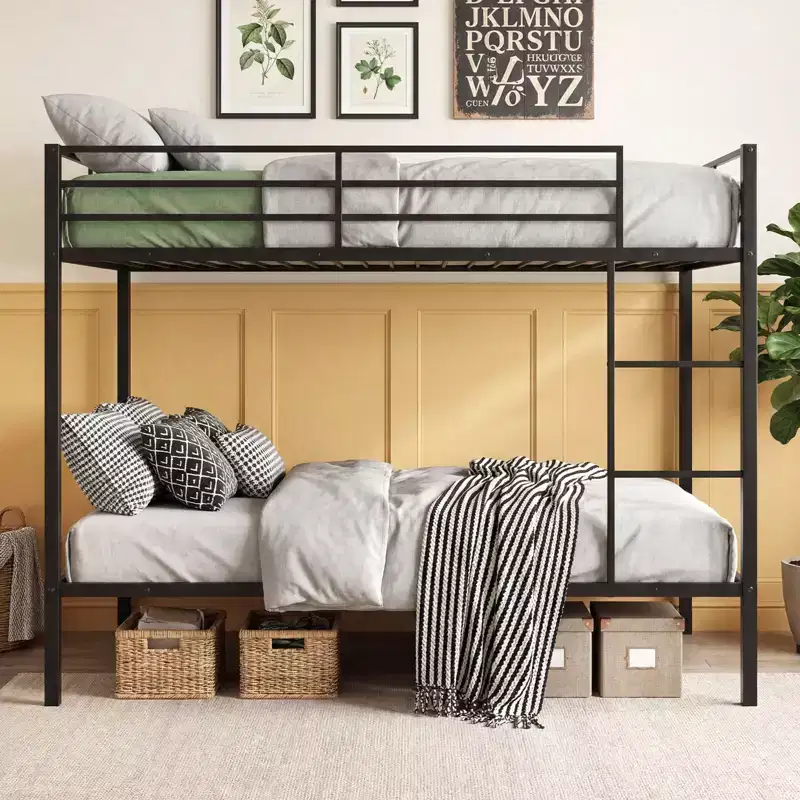 Full Over Full Metal Bunk Bed with Safety Guardrail - Heavy Duty, 600 lb Capacity