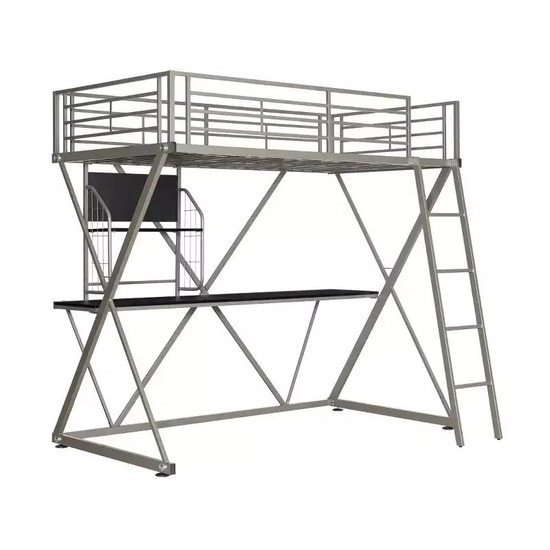 Modern Industrial Pewter Metal Kids' Twin Loft Bed with Built-in Study Desk