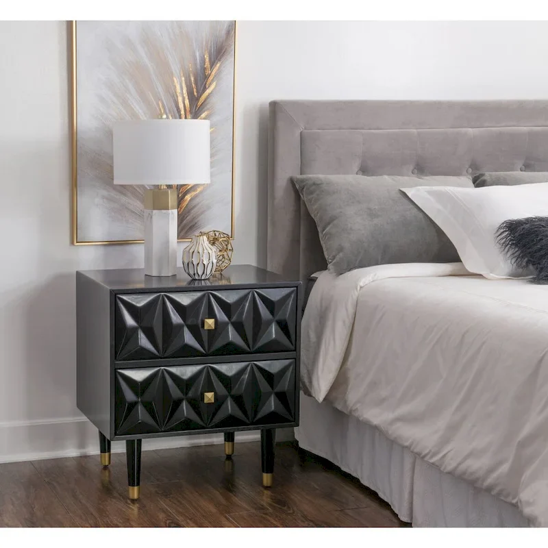 2-Drawer Nightstand with Geometric Pattern Front & Gold Legs – Black, Wood, Square Gold Handles