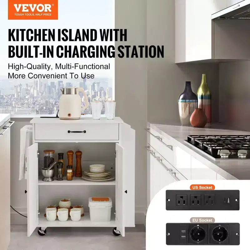 VIYET Kitchen Island Cart Rolling Storage Cabinet on Wheel with Charging Station,white