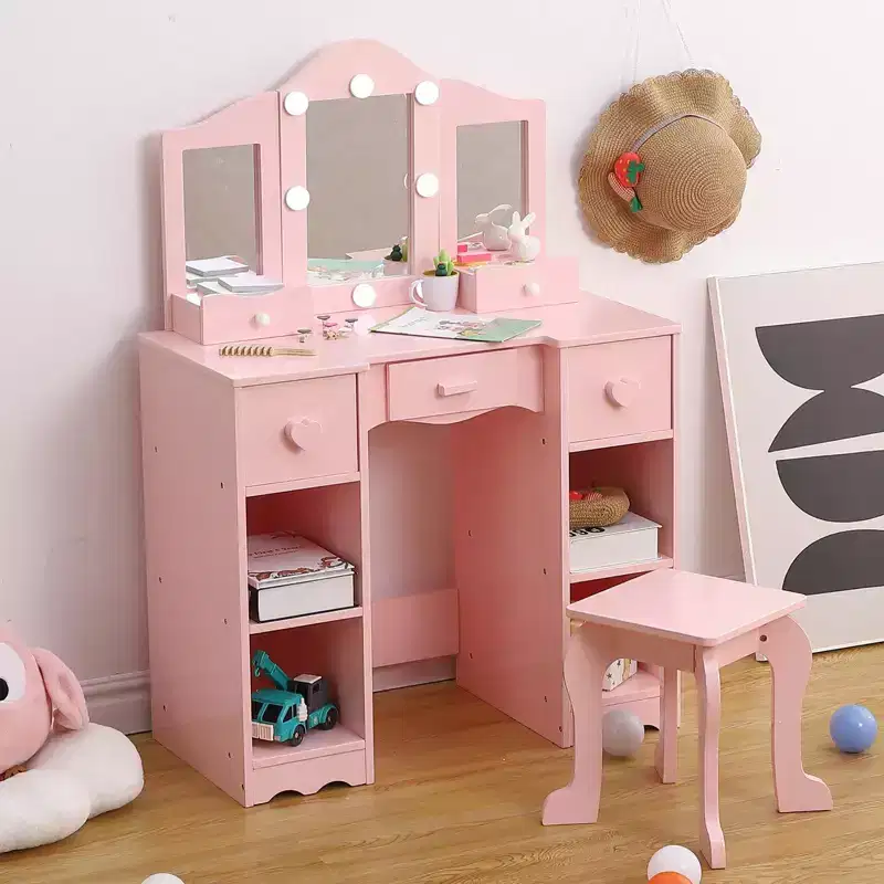 Kids Vanity Set, 2-In-1 Wooden Toddler Vanity Table With Stool, Tri-Folding Mirror & Drawer, Desk Dressing Table for Little Girls
